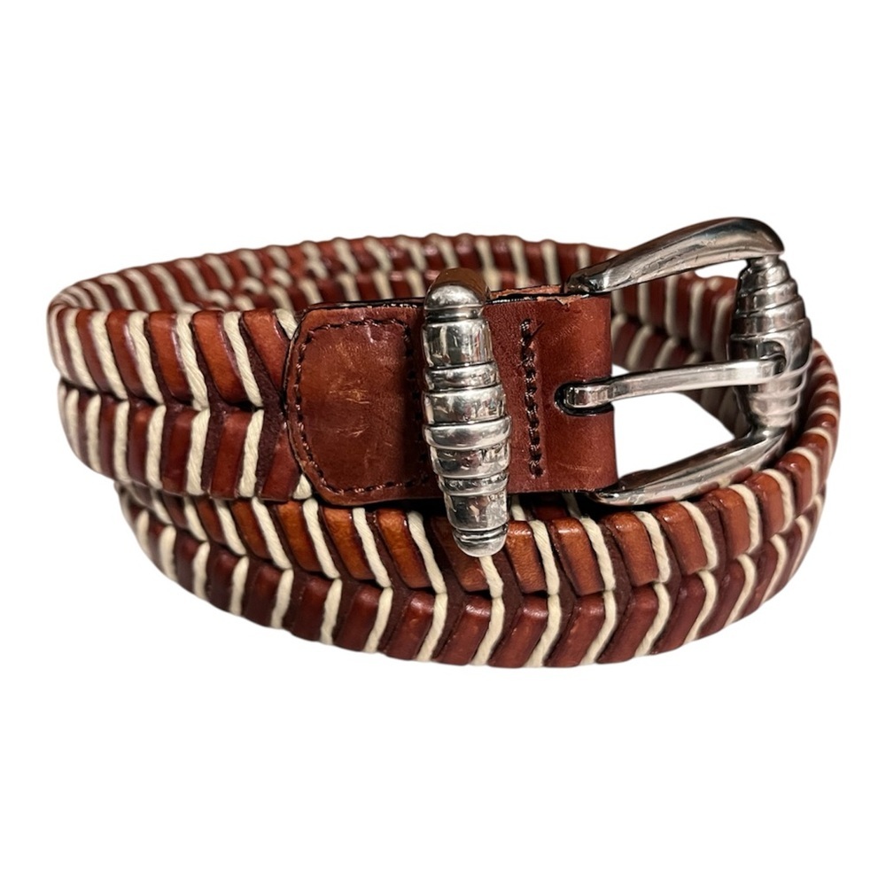 Tommy Bahama Brown and Cream Leather Woven Belt size 38